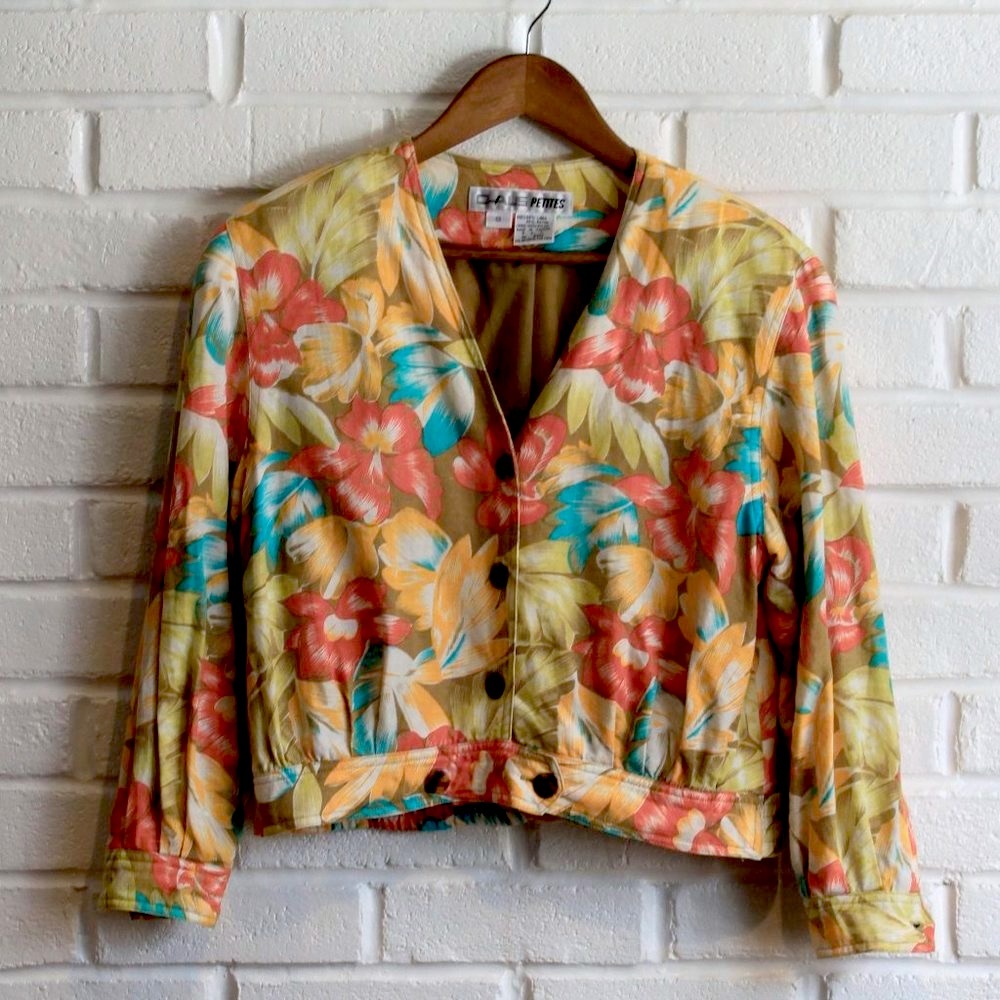 linen floral button front blazer size 8 petite vintage by Chaus beachy tropical
